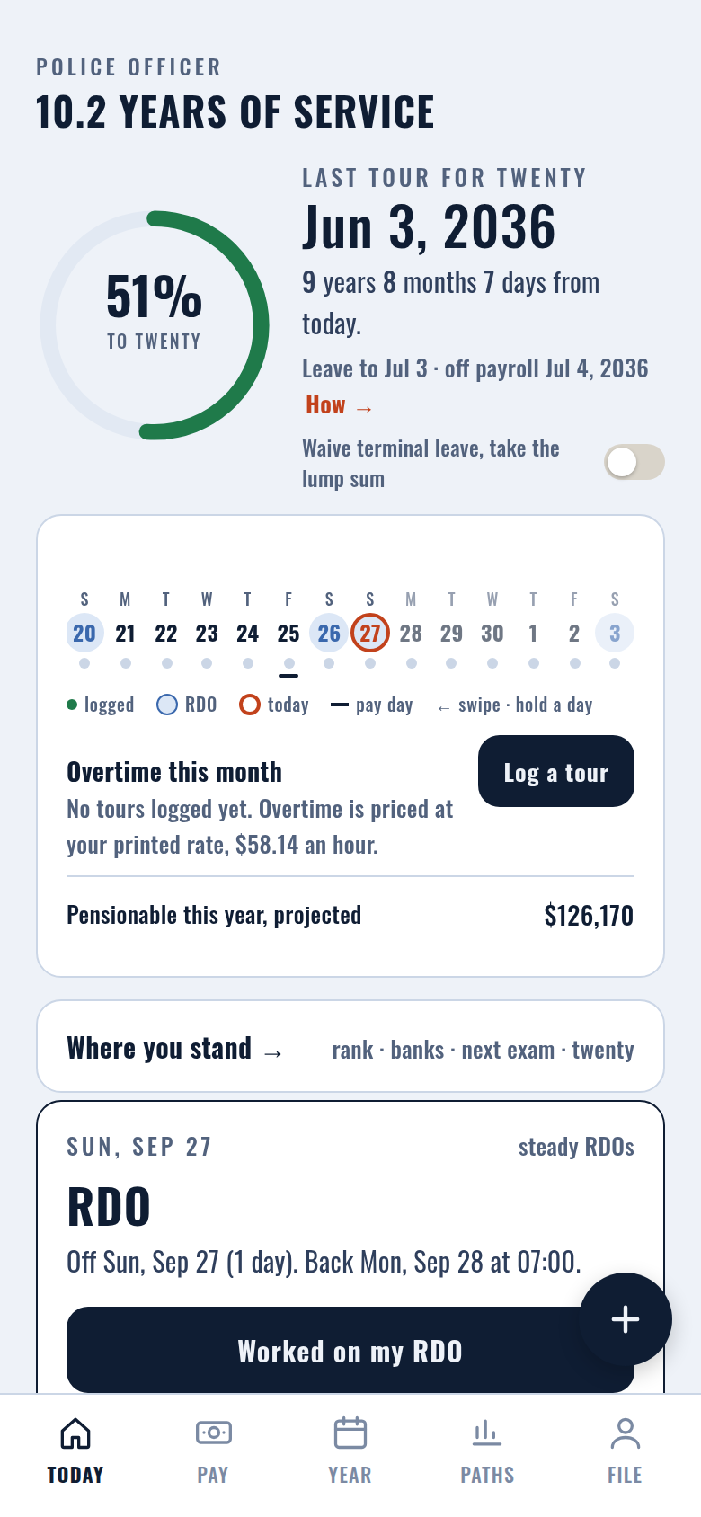 Today: tour, banks and the + button to log overtime