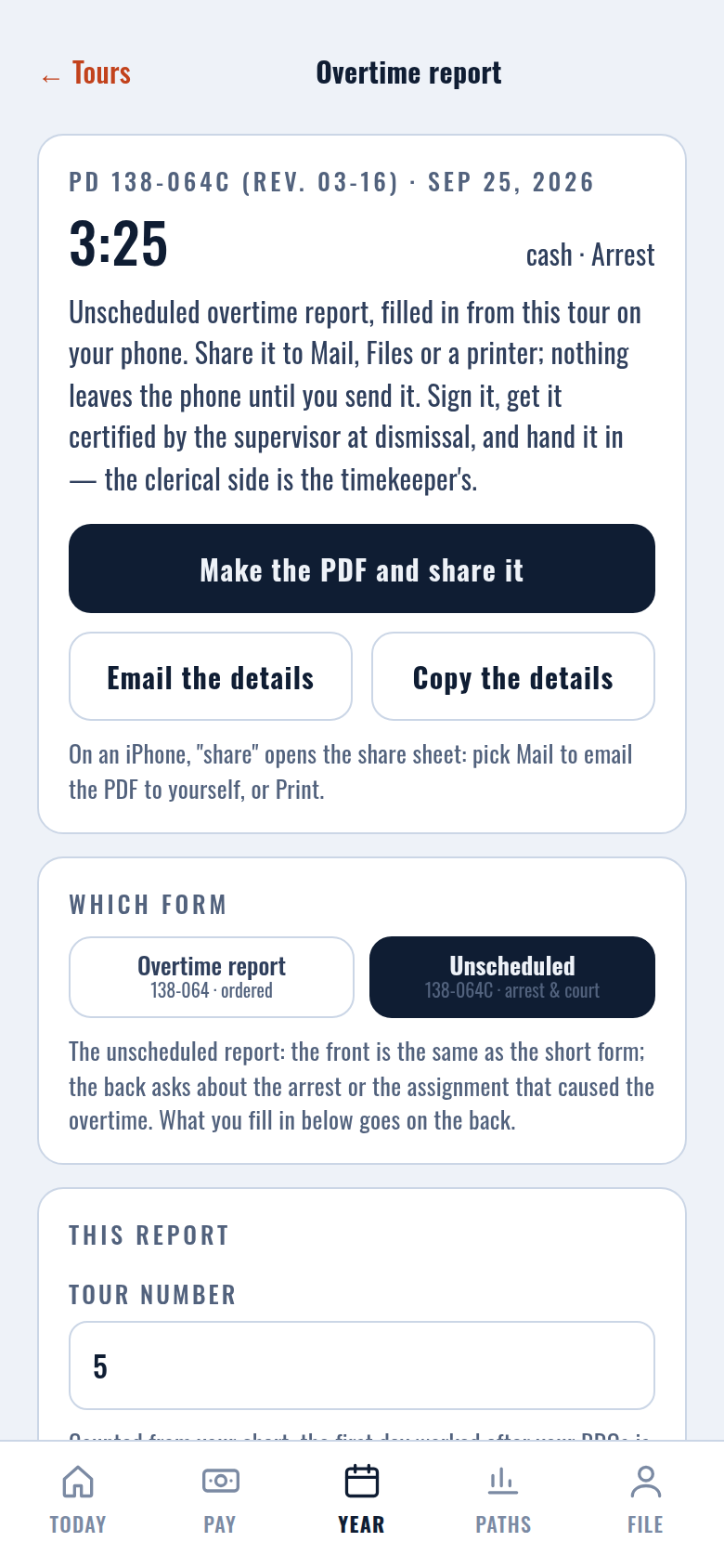 Overtime report screen with the member's details and Make the PDF